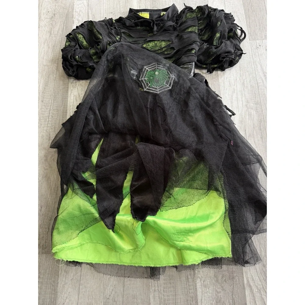 Spooked Witches Dress Costume Girls M (5-6) Green & Black With Spider Belt